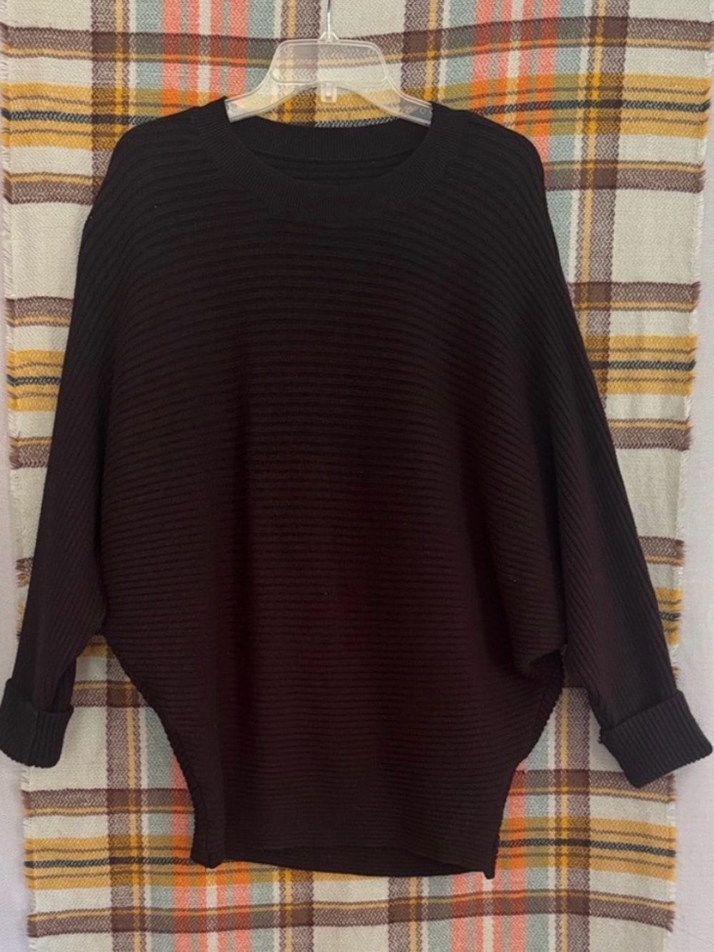 Women's Black Ribbed Batwing Crew Neck Sweater